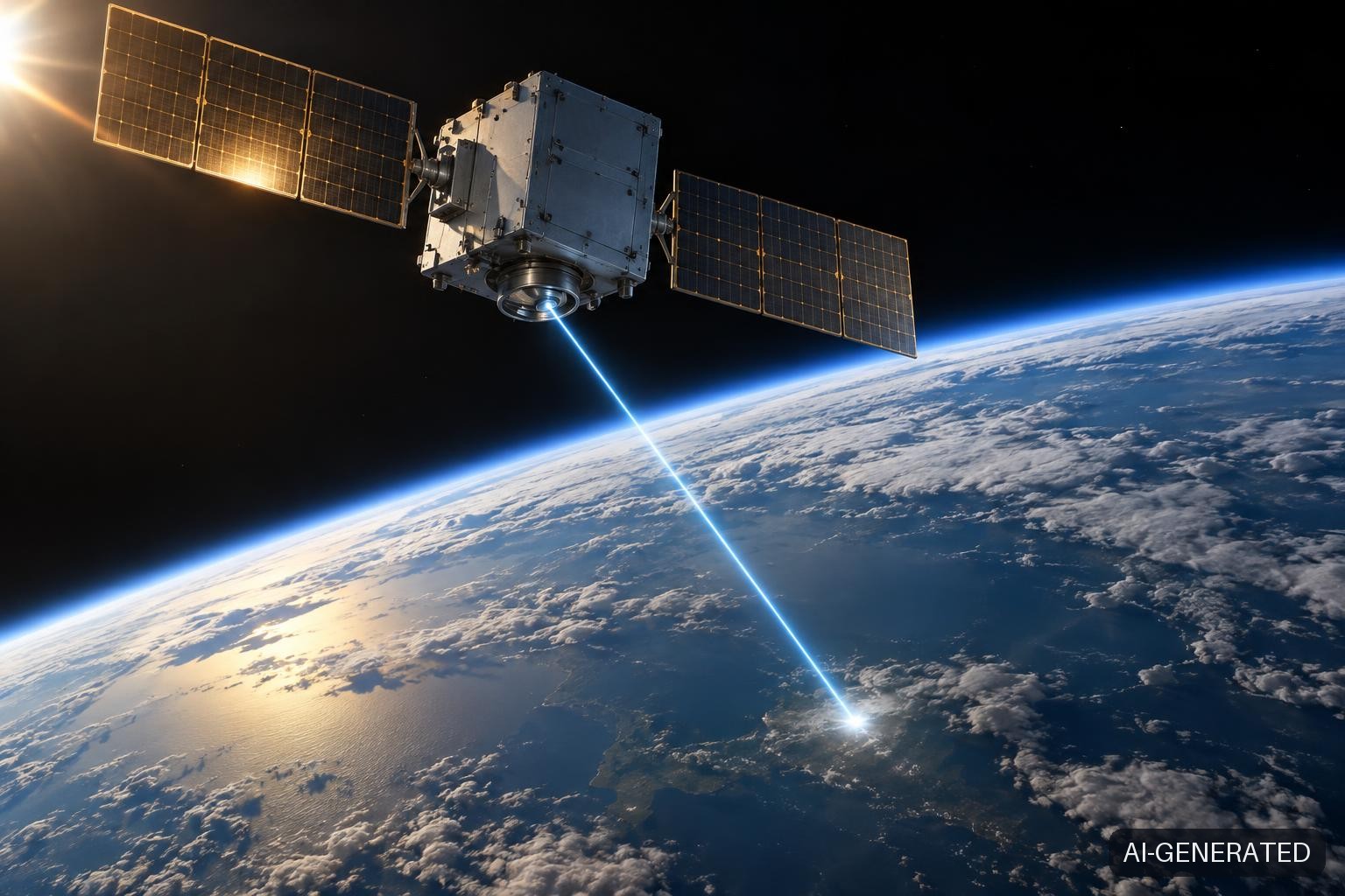 A compact laser communications satellite in low Earth orbit emits a narrow blue-white optical beam toward Earth's curved surface below, with solar panels extended and Earth's atmospheric limb glowing in the background.
