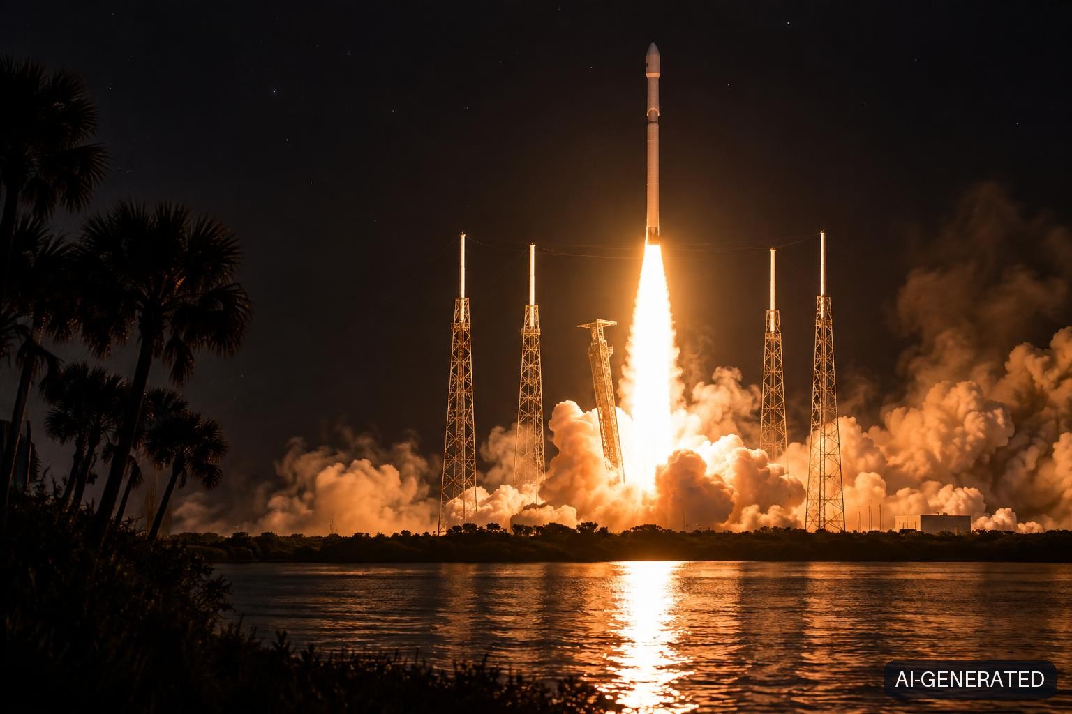 A tall, slender Falcon 9 rocket rises on a brilliant orange exhaust plume from SLC-40 at Cape Canaveral on a black night, its nine-engine octaweb flame reflected vividly on the dark water of the Banana River in the foreground.