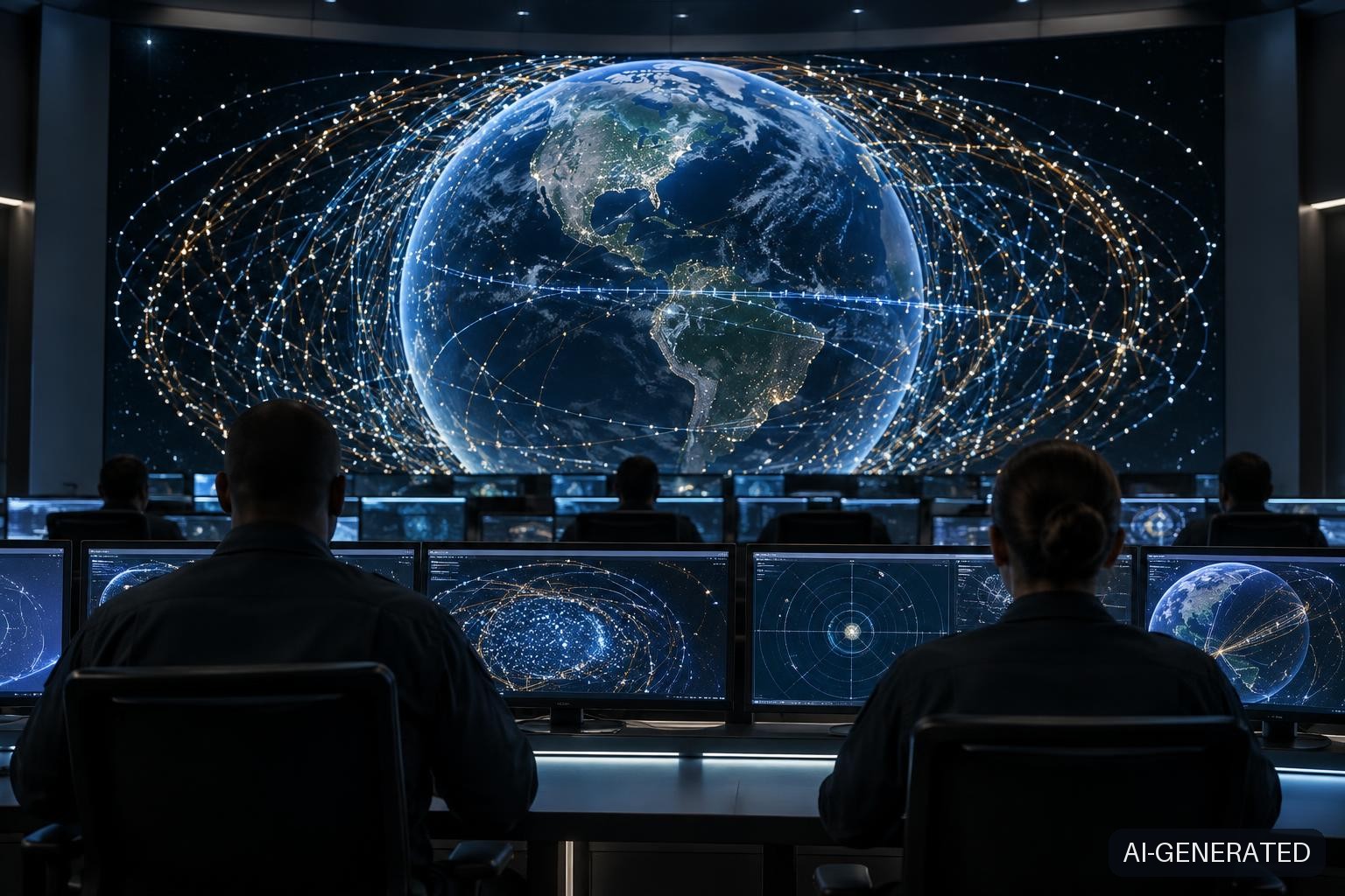 Anonymous Space Force operators seated at illuminated consoles view from behind a massive curved wall display showing a glowing 3D Earth globe covered in dense, color-coded orbital tracks representing fused commercial and military space-tracking data in a darkened operations center.