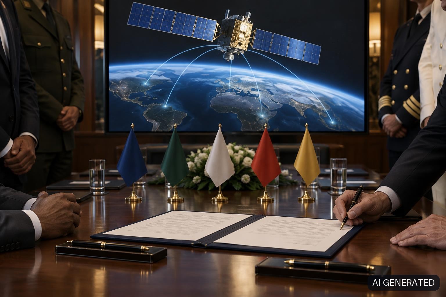 Anonymous defense officials sign an open multilateral agreement at a formal conference table lined with small national flag stands, while a large screen behind them displays a military communications satellite in orbit above Earth.