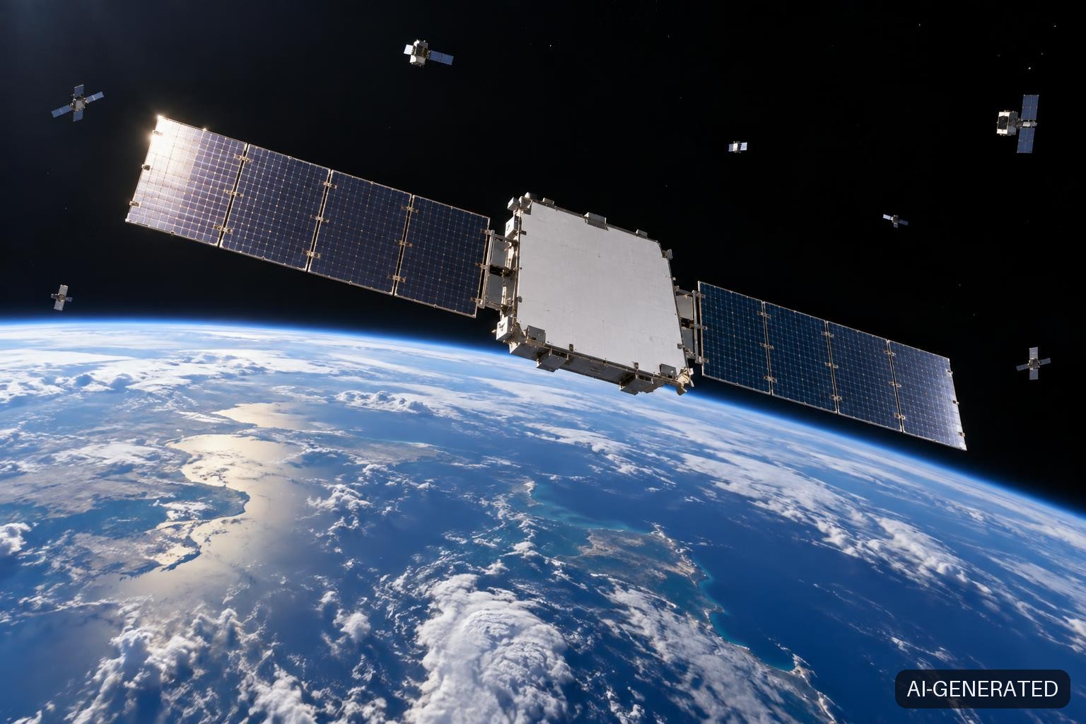 A SpaceX Starlink v2 satellite with wide flat solar wings floats in low Earth orbit against a black sky, with Earth's blue curved limb below and several smaller satellites visible in the distance, illustrating the crowded orbital environment at the center of space situational awareness debates.