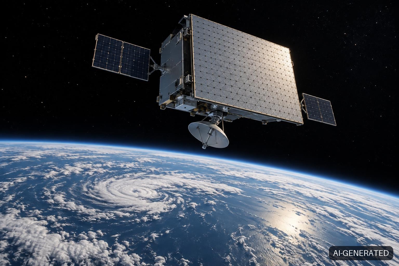 A compact defense smallsat with a flat metamaterial phased-array radar antenna panel as its primary payload floats in low Earth orbit, sunlight catching the geometric surface of the antenna while Earth's blue-and-white curved limb stretches across the lower frame.