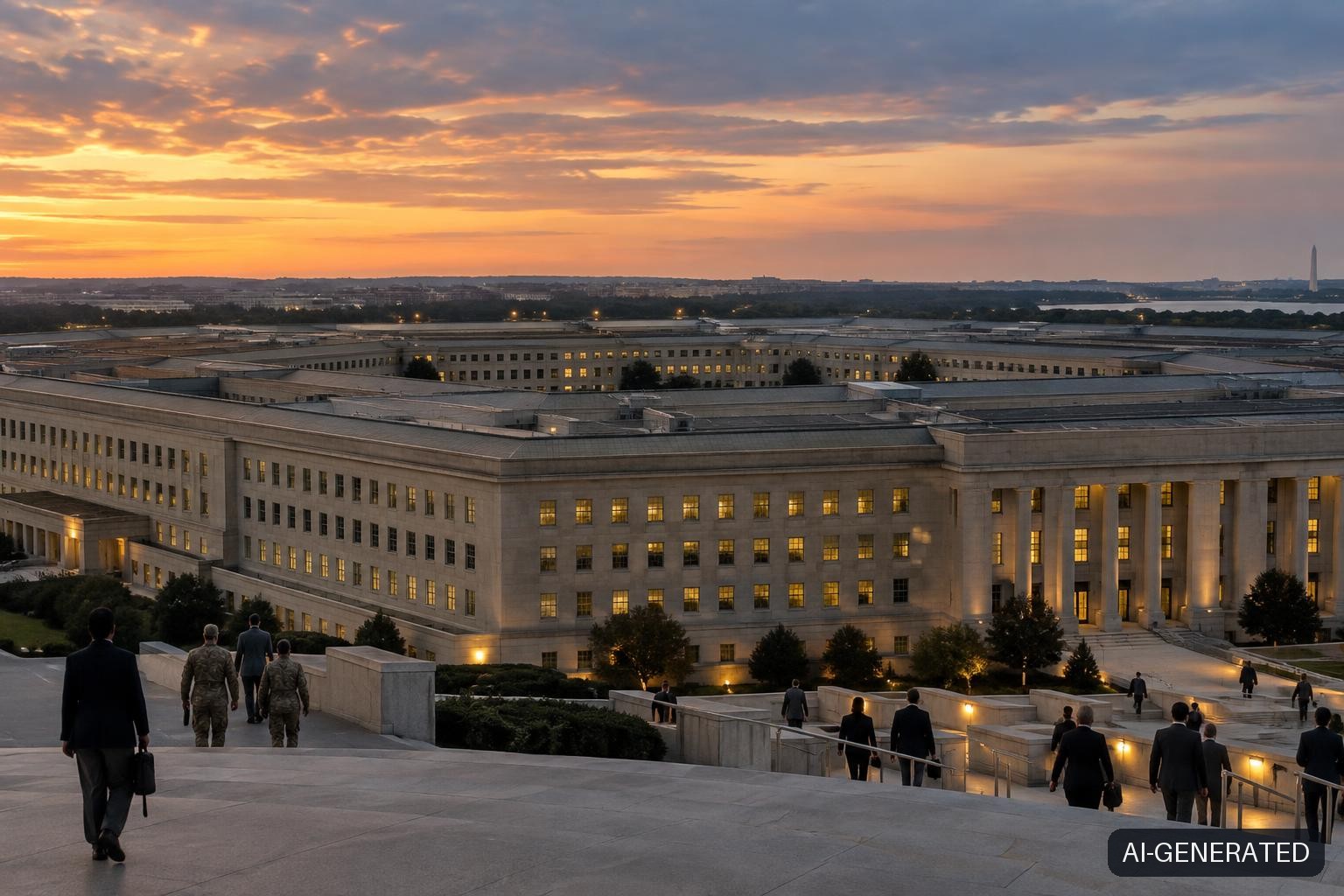 The Pentagon building in Arlington, Virginia photographed at dusk, its five-sided limestone facade illuminated by warm interior office lights against a twilight sky, with small anonymous figures walking across the plaza in the foreground.