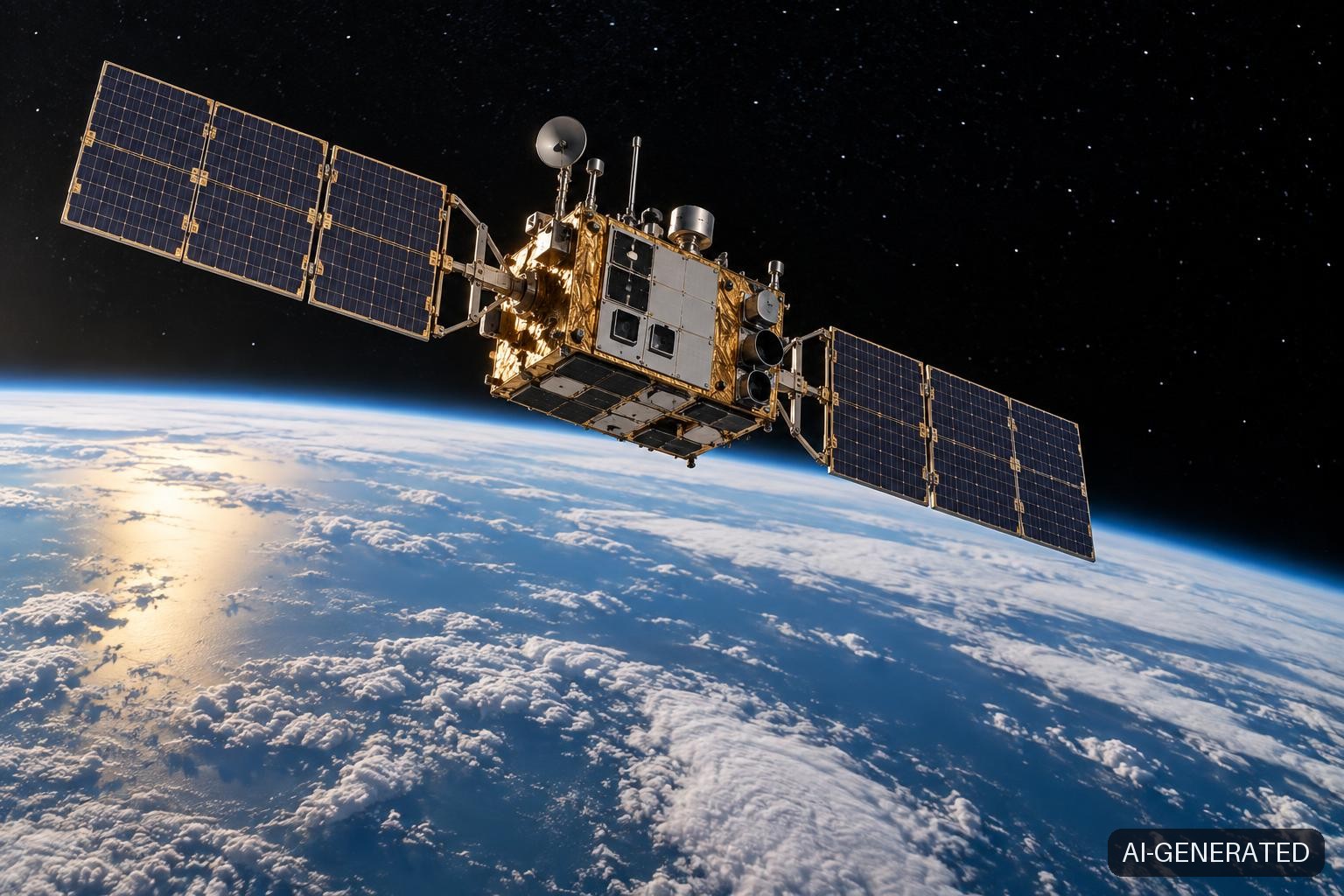 A compact small satellite with deployed solar arrays and antenna panels floats in low Earth orbit, Earth's blue curved limb visible below against the black of space, sunlight glinting off gold thermal insulation on its processing-equipped bus.