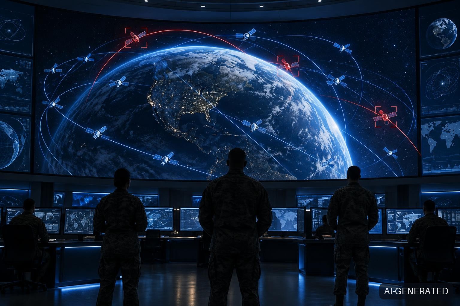 A darkened military space operations center with anonymous uniformed figures silhouetted before a massive curved wall display showing Earth from orbit, with blue orbital tracks for friendly satellites and red targeting reticles marking adversary satellite positions.