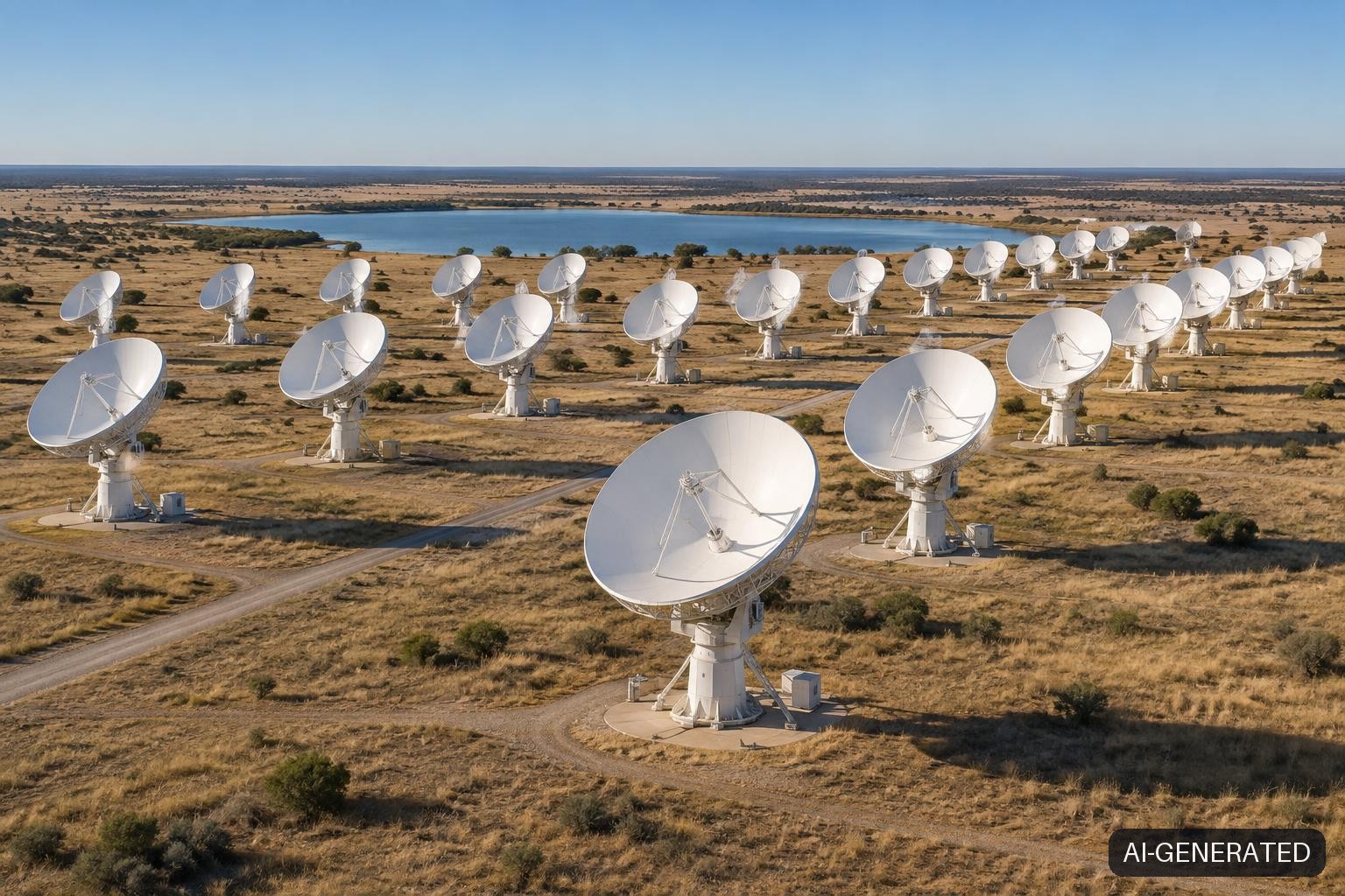 Aerial view of a large array of white parabolic radar dish antennas arranged in orderly rows across flat, dry North Texas prairie, all tilted skyward, with a small lake visible in the distance — the U.S. Space Force DARC site at Lake Kickapoo, Texas.