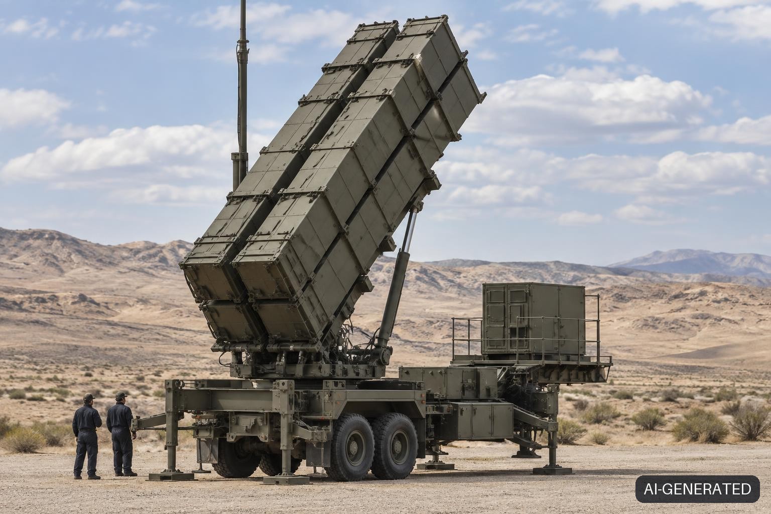 A Patriot missile defense launcher unit with a flat array of sealed launch canisters elevated on a wheeled trailer at an arid desert test site, with two small anonymous technicians standing nearby for scale.