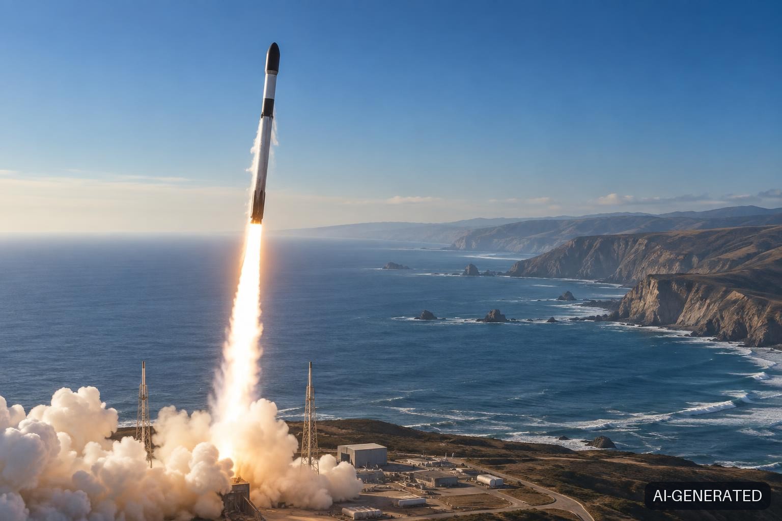 A SpaceX Falcon 9 Block 5 rocket lifts off from a coastal California launch complex, ascending steeply over the Pacific Ocean on a polar-orbit trajectory, carrying SDA Tranche 1 data transport satellites to low-Earth orbit.
