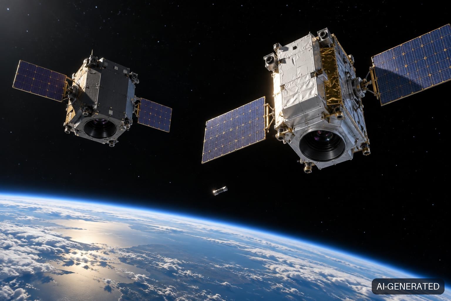 Two prototype GEO reconnaissance satellites float side by side in orbit above Earth's limb — a compact dark-grey autonomous spacecraft on the left and a larger white-and-silver traditional satellite on the right — both with electro-optical telescope apertures aimed at a distant resident space object