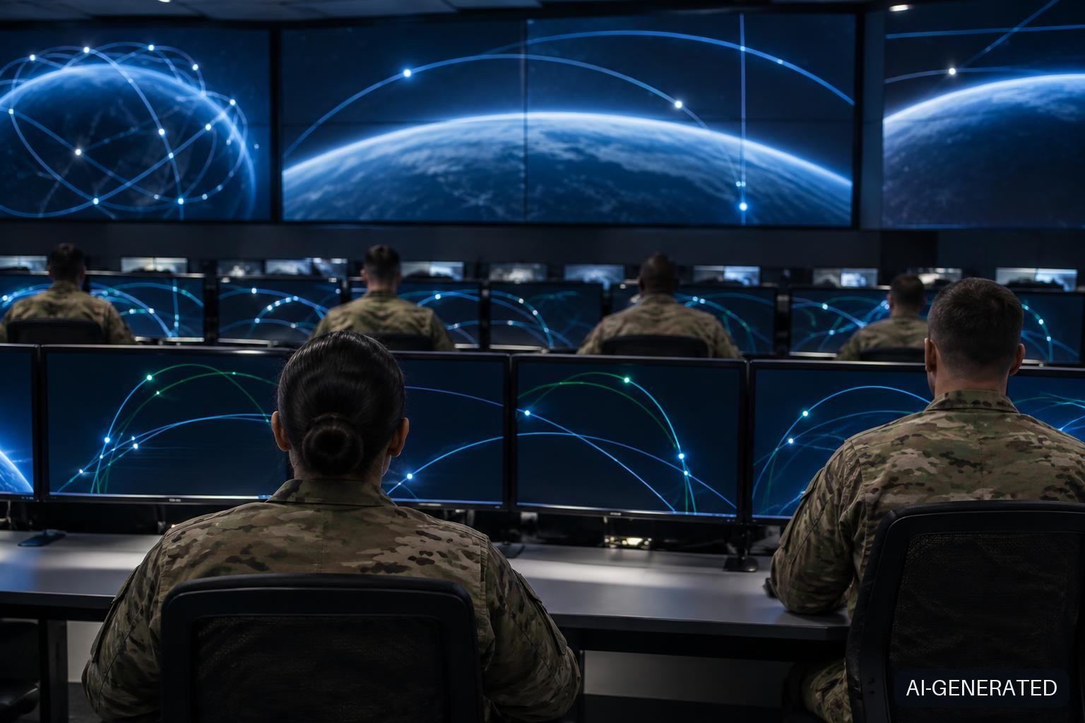 Anonymous U.S. Army soldiers in plain MultiCam uniforms sit at curved workstations in a modern space operations command room, their backs to the camera, as monitors display abstract glowing orbital arc diagrams in cool blue and green light.