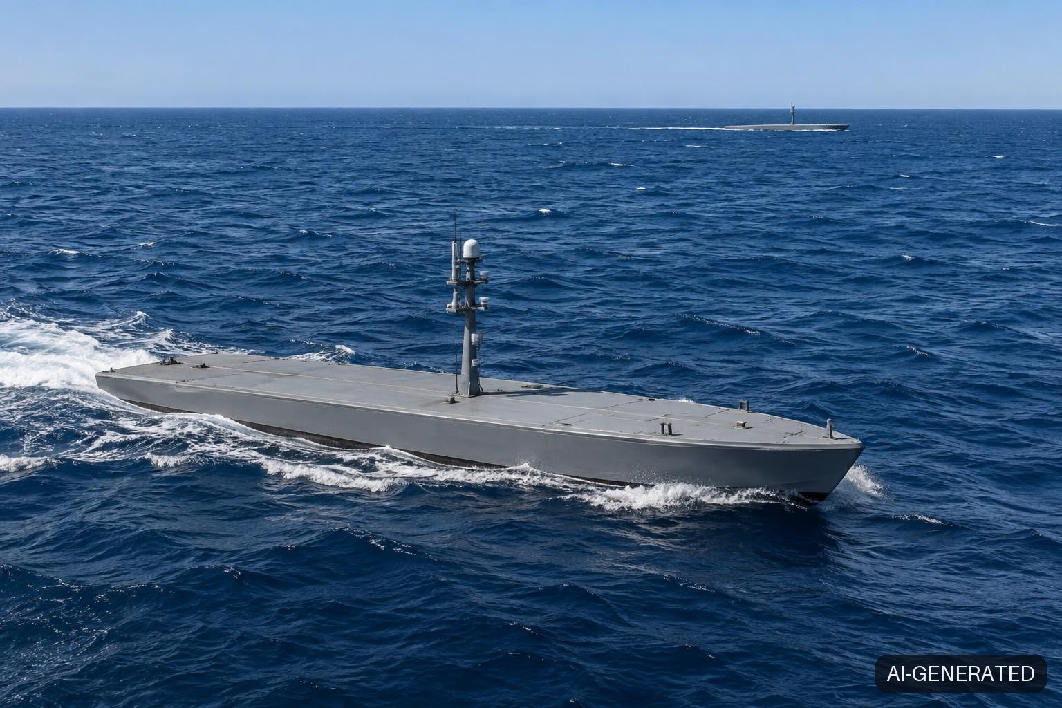 A small, low-profile gray autonomous unmanned surface vessel underway in open ocean, its flat minimal deck and single slim sensor mast visible from a drone angle, with a second identical vessel on the distant horizon.