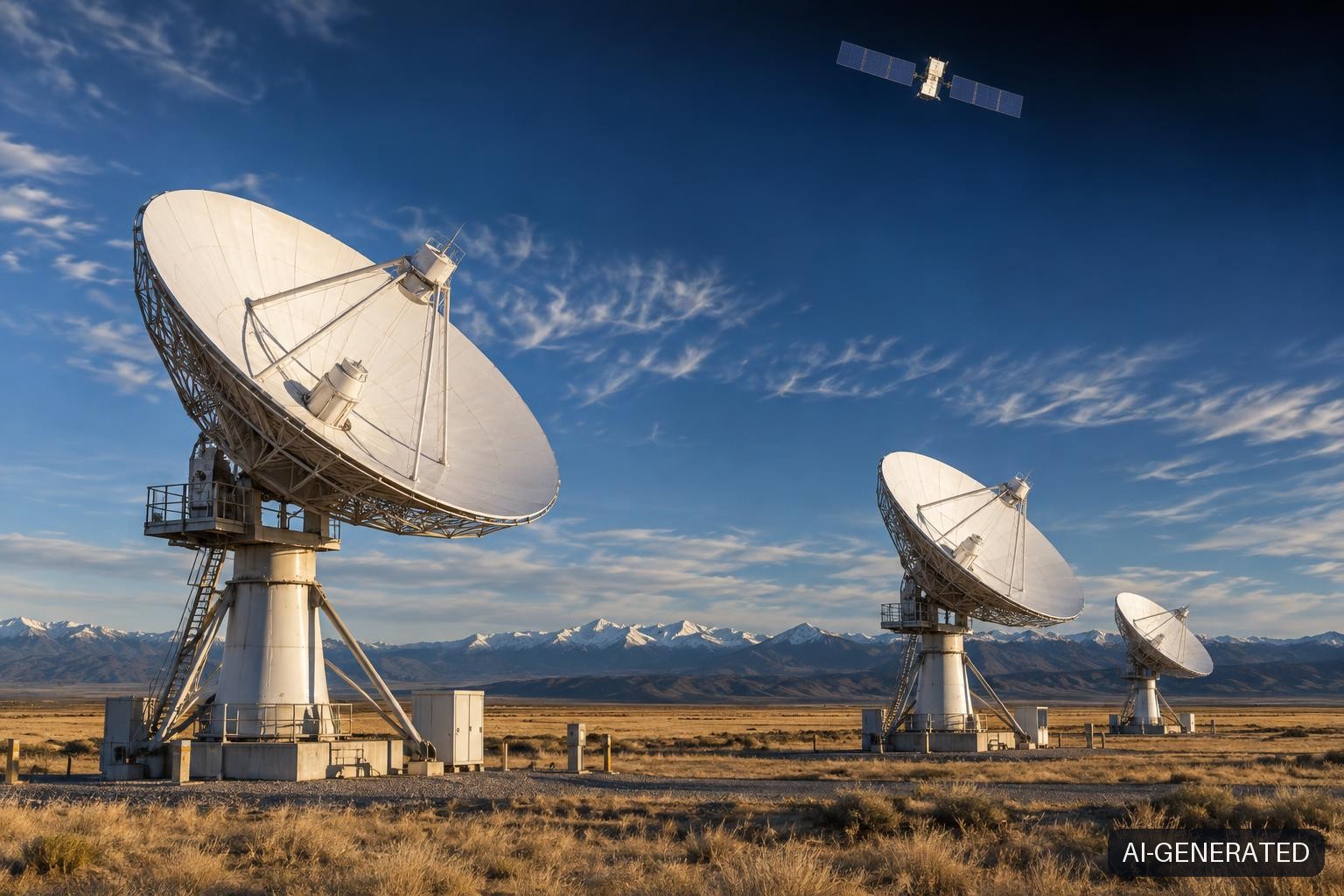 Large white parabolic GPS ground control dish antennas on Colorado plains under a wide blue sky, with the Rocky Mountains on the horizon and a small GPS Block III satellite with twin solar wings visible high above.